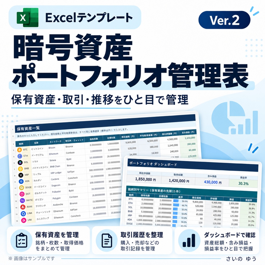 暗号資産ポートフォリオ管理表|保有・目標・2030年試算 Excel版