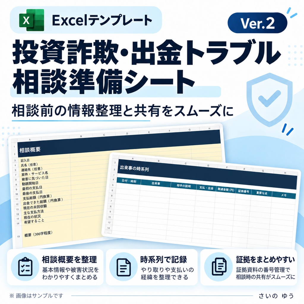 投資詐欺・出金トラブル 相談準備シート|証拠・送金・時系列整理 Excel版