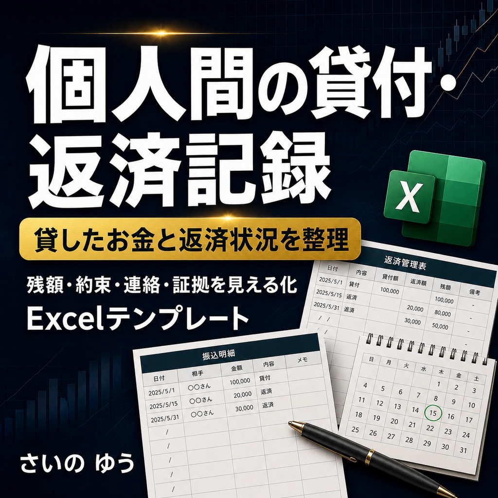 個人間の貸付・返済記録シート｜残額・約束・連絡・証拠を整理｜Excel版