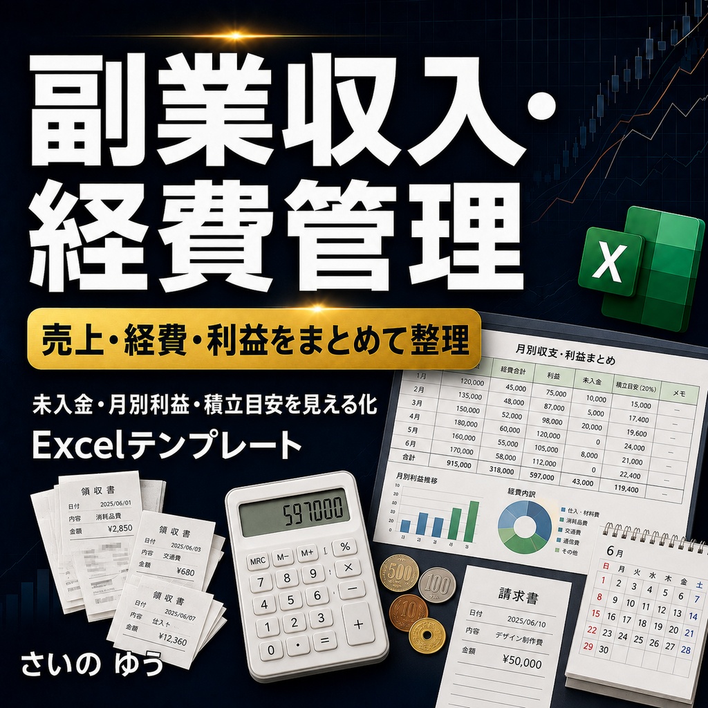 副業収入・経費管理表｜売上・未入金・月別利益を自動集計｜Excel版
