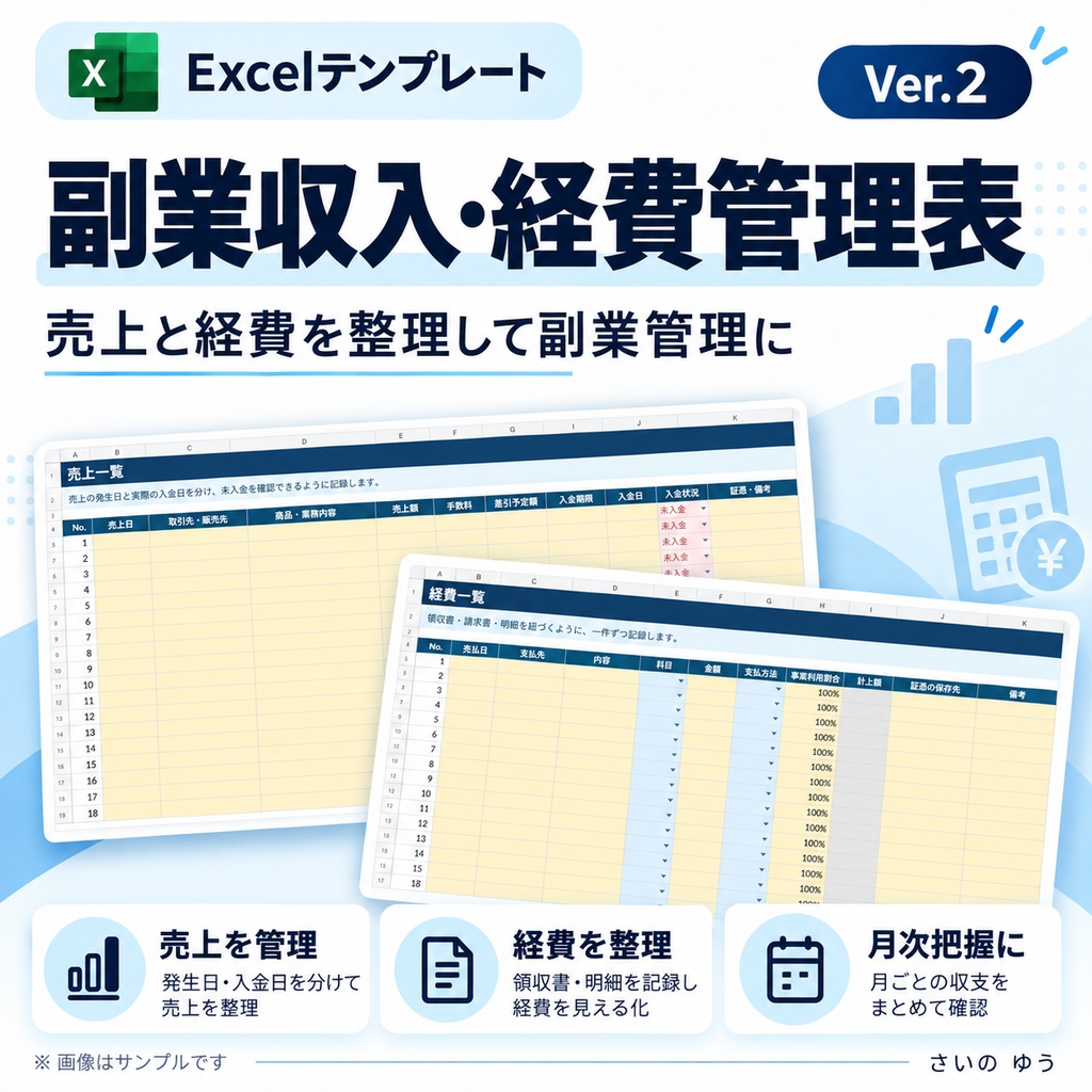 副業収入・経費管理表|売上・未入金・月別利益を自動集計|Excel版