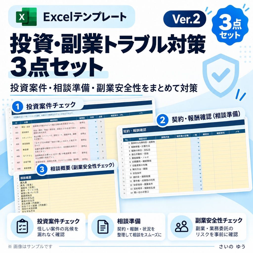投資・副業トラブル対策3点セット|契約前チェックから相談準備まで|Excel版