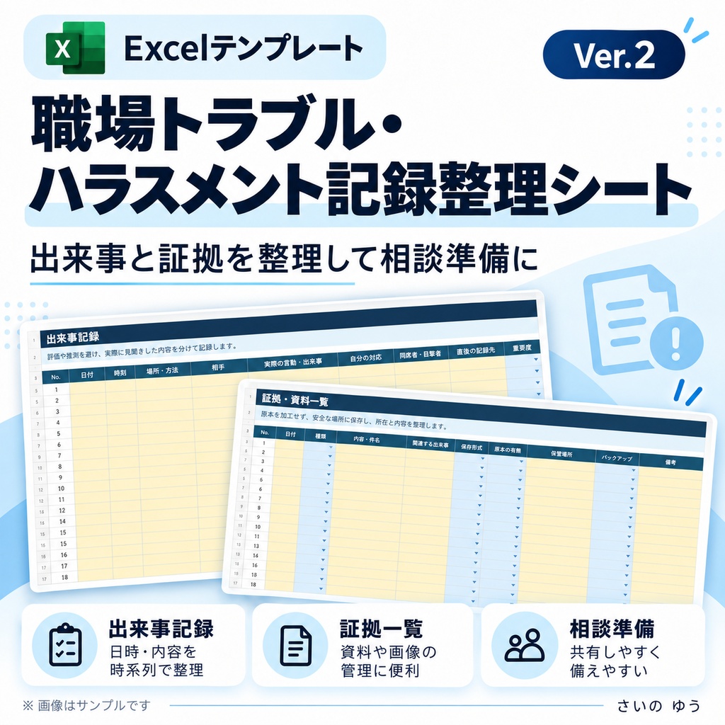 職場トラブル・ハラスメント記録整理シート|事実・証拠・相談経緯を整理|Excel版