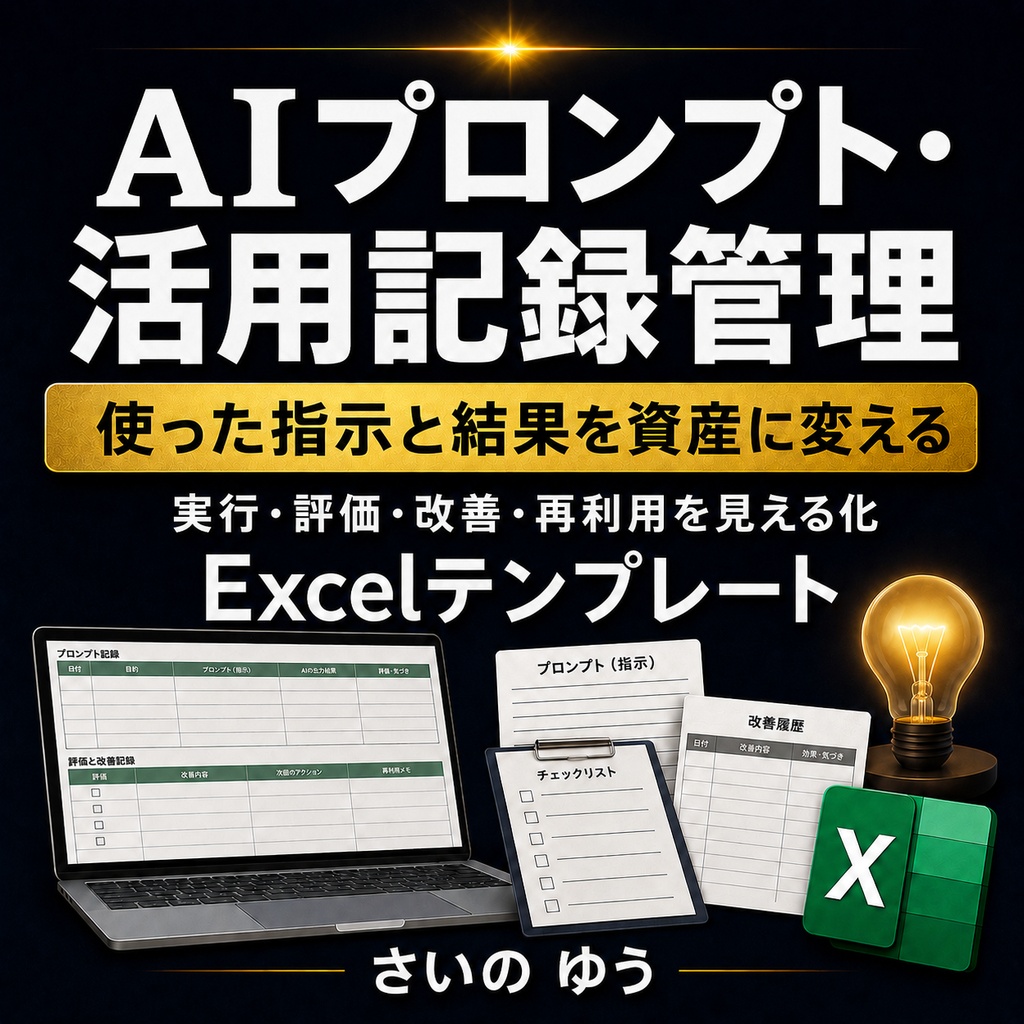 AIプロンプト・活用記録管理シート｜実行・評価・改善・再利用を整理｜Excel版