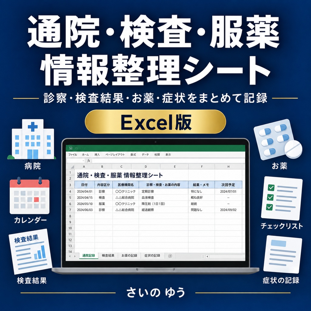 通院・検査・服薬情報整理シート｜診察・検査結果・お薬・症状をまとめて記録｜Excel版