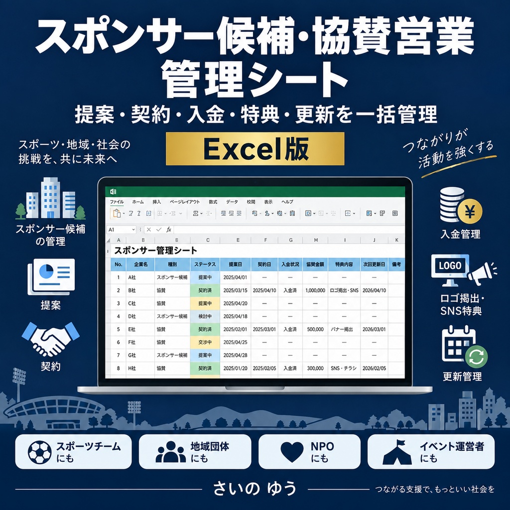 スポンサー候補・協賛営業管理シート｜提案・契約・入金・特典・更新を一括管理｜Excel版