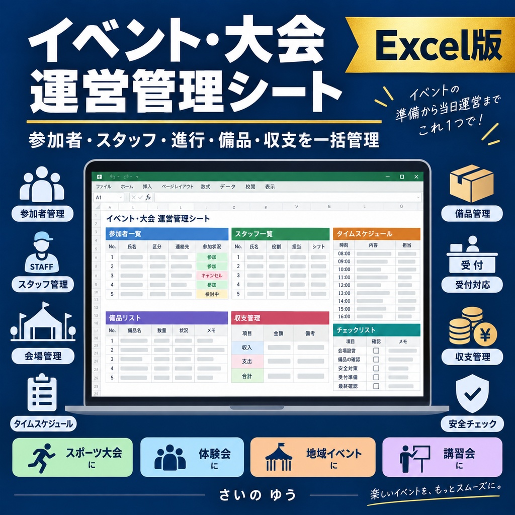 イベント・大会運営管理シート｜参加者・スタッフ・進行・備品・収支を一括管理｜Excel版