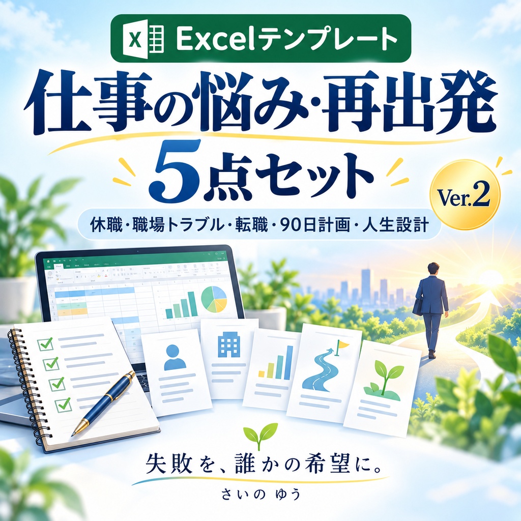 仕事の悩み・再出発5点セット｜休職・職場トラブル・転職・90日計画・人生設計｜Excel版