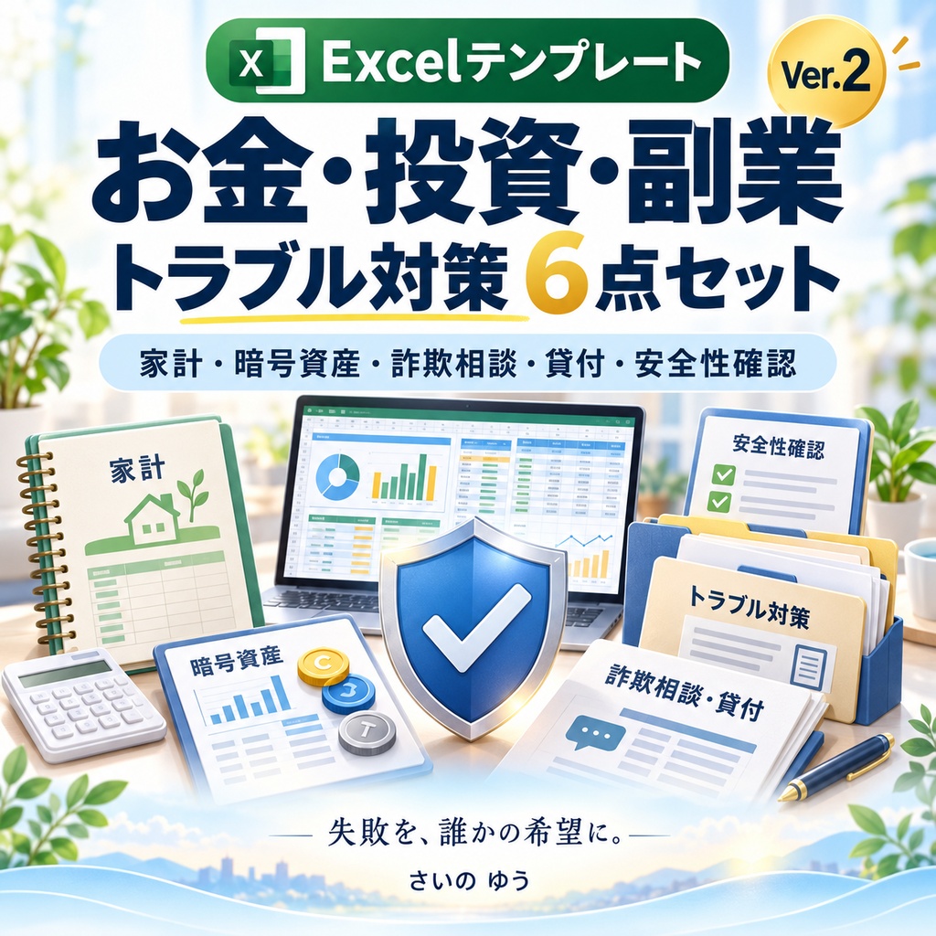 お金・投資・副業トラブル対策6点セット｜家計・暗号資産・詐欺相談・貸付・安全性確認｜Excel版