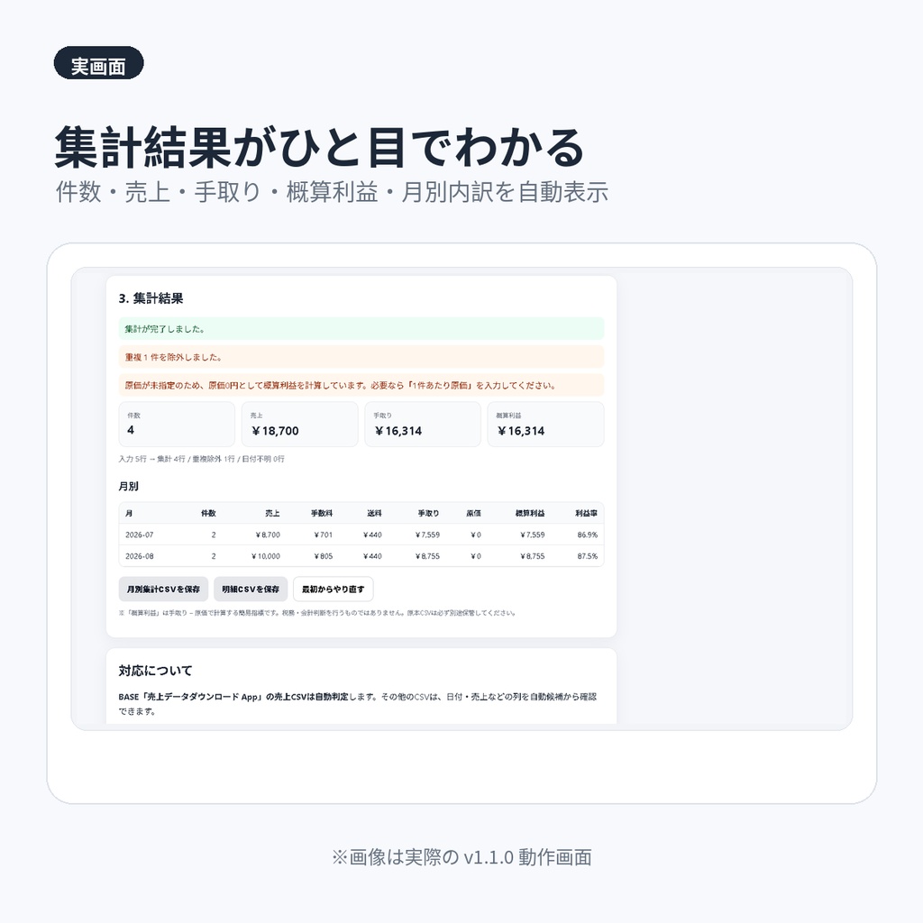 売上CSV かんたん集計|BASE対応・月別の売上/手数料/手取り/概算利益を自動集計【完全オフライン】