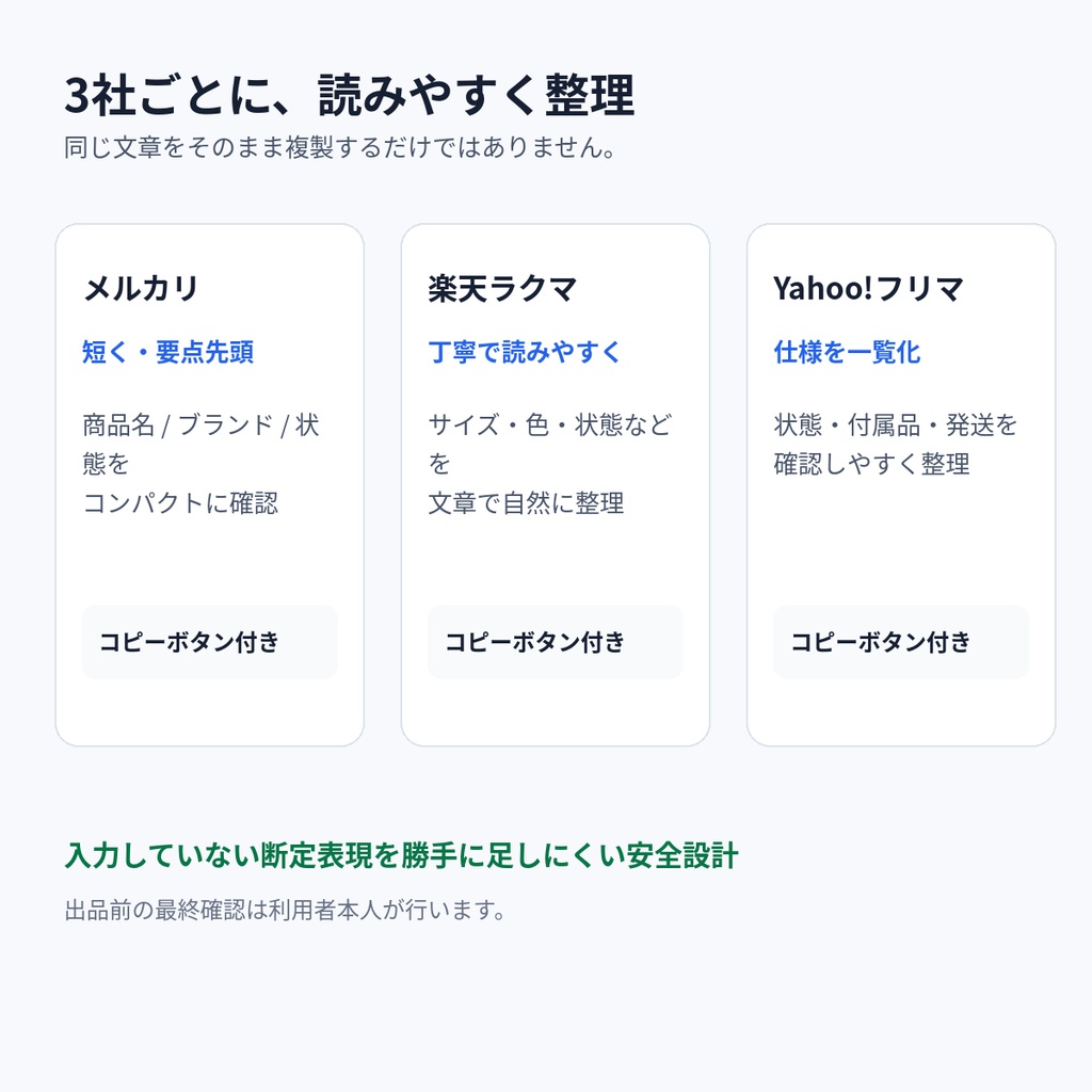 フリマ3社 出品文AIコンバーター|メルカリ・楽天ラクマ・Yahoo!フリマ対応