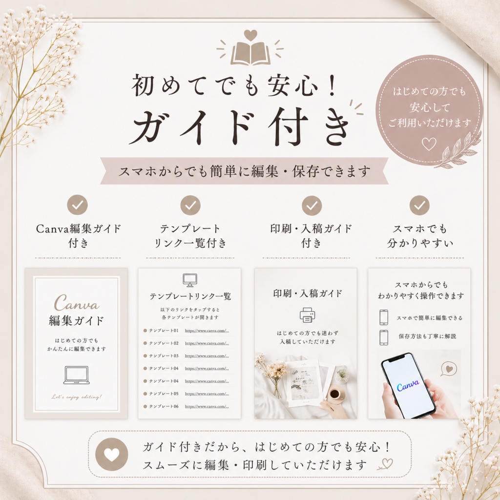 【6点セット】結婚式ペーパーアイテムテンプレート|Canvaで簡単編集|ウェルカムボード・席次表・席札・メニュー表・テーブルナンバー・サンクスカード
