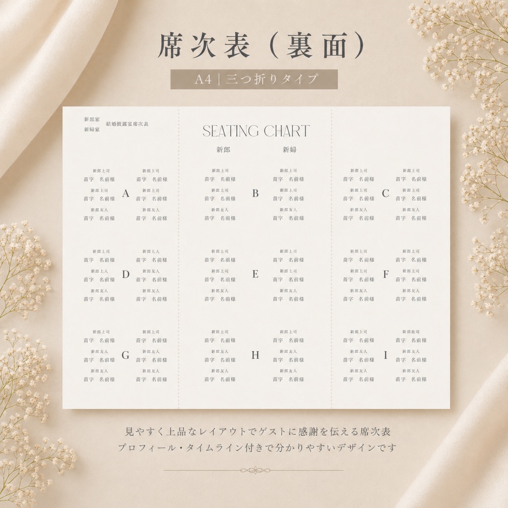 【6点セット】結婚式ペーパーアイテムテンプレート|Canvaで簡単編集|ウェルカムボード・席次表・席札・メニュー表・テーブルナンバー・サンクスカード
