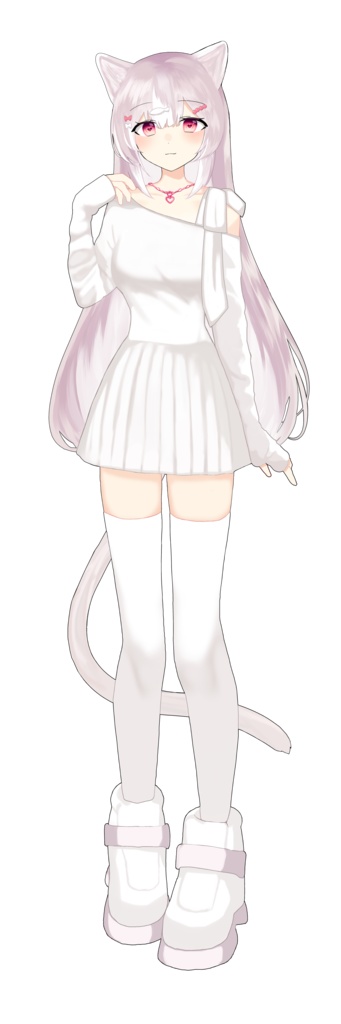 猫耳白髪少女立ち絵_Cat ears white hair girl standing picture