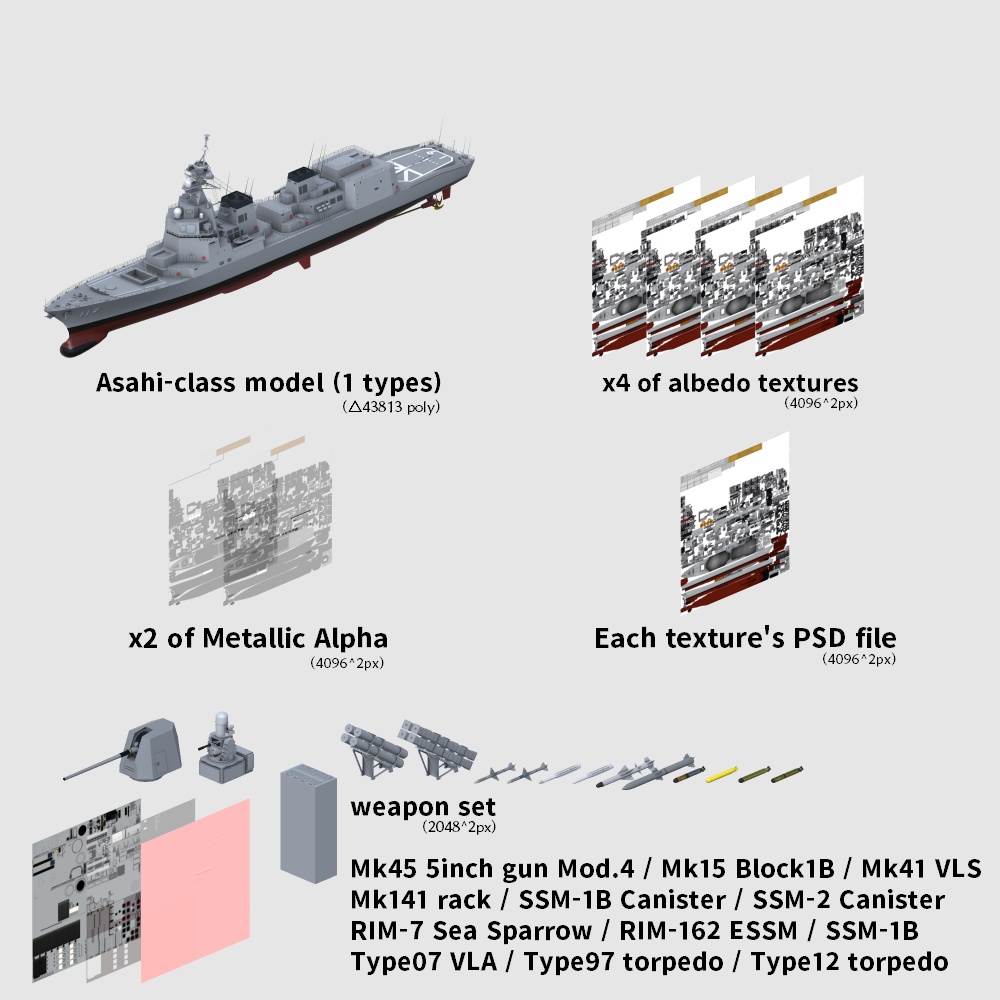 あさひ型護衛艦 3Dモデルセット ver1.0A(Unityゲーム向け/VRC可)