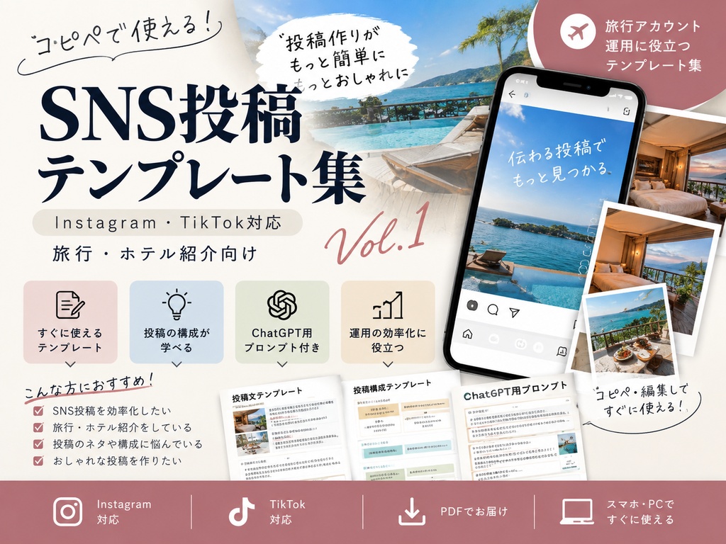SNS投稿テンプレート集 Vol.1｜Instagram・TikTok対応｜旅行・ホテル紹介向け