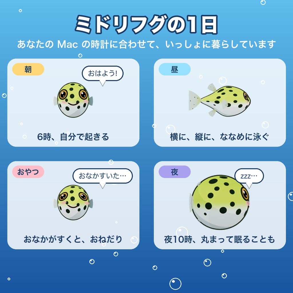 デスクトップ水槽 ミドリフグ|Mac で泳ぐ癒やしのデスクトップマスコット