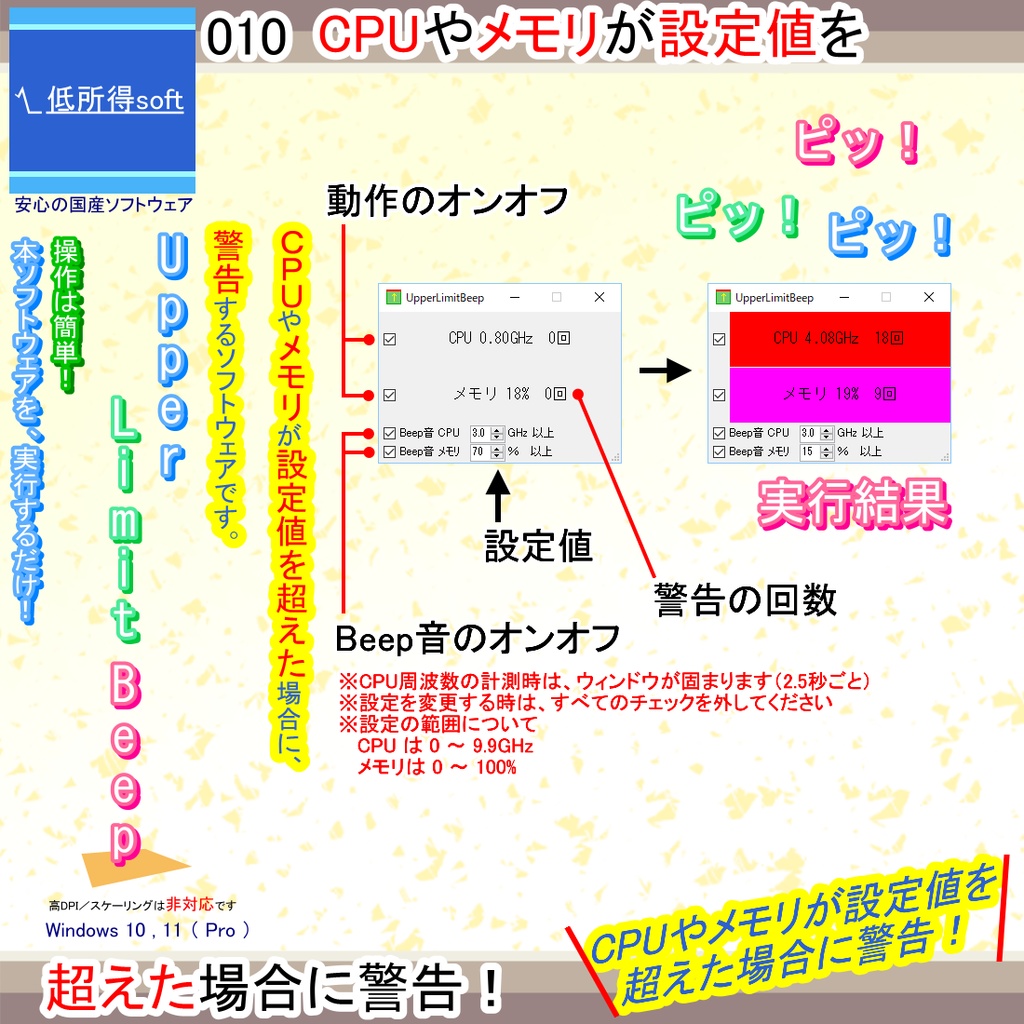 CPUやメモリが設定値を超えた場合に警告するソフトウェア