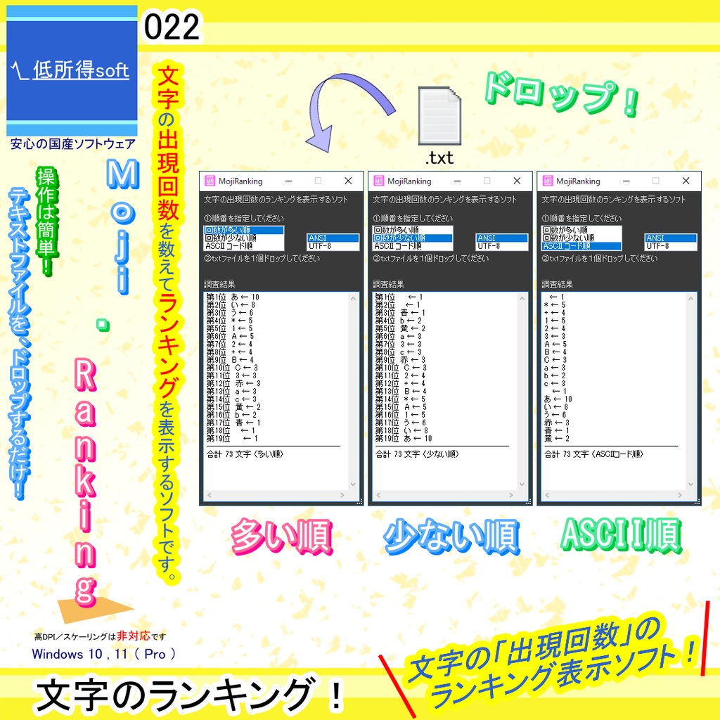 文字の出現回数を数えてランキングにするソフト