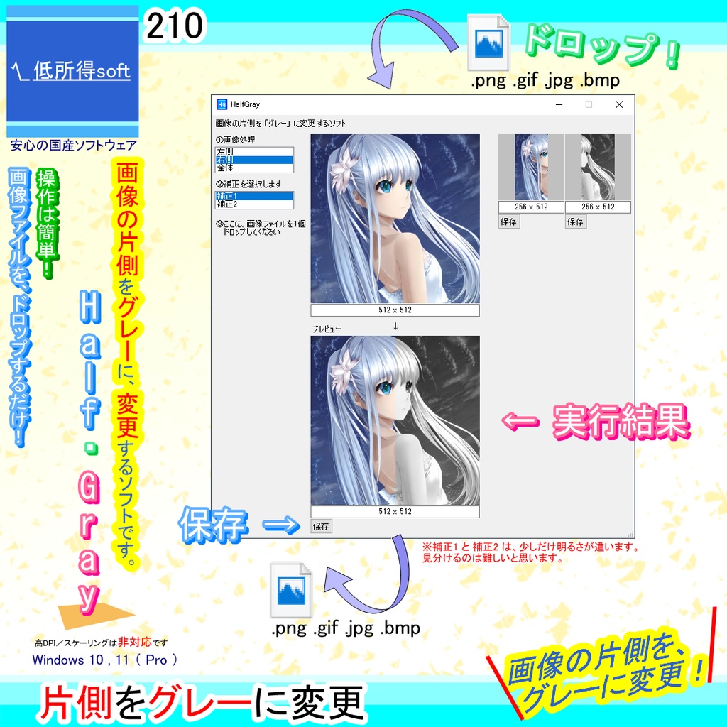 画像の片側を「グレー」に変更するソフト