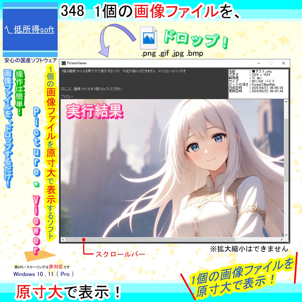 1個の画像ファイルを原寸大で表示するソフト
