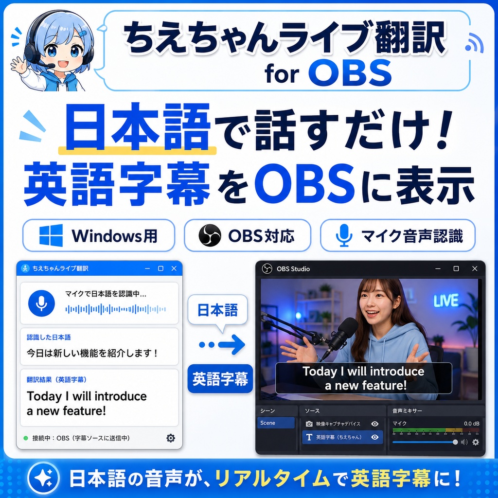 ちえちゃんライブ翻訳 for OBS(日本語→英語字幕表示ツール)