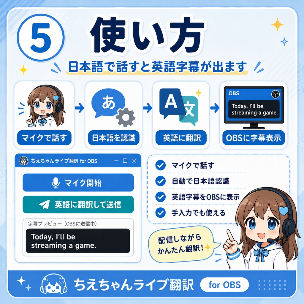 ちえちゃんライブ翻訳 for OBS(日本語→英語字幕表示ツール)