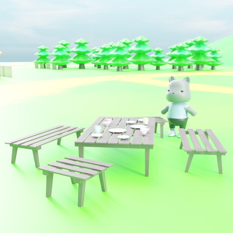 ローポリアウトドアセット .FBX .Unitypackage .blend ベンチ テーブル 食器