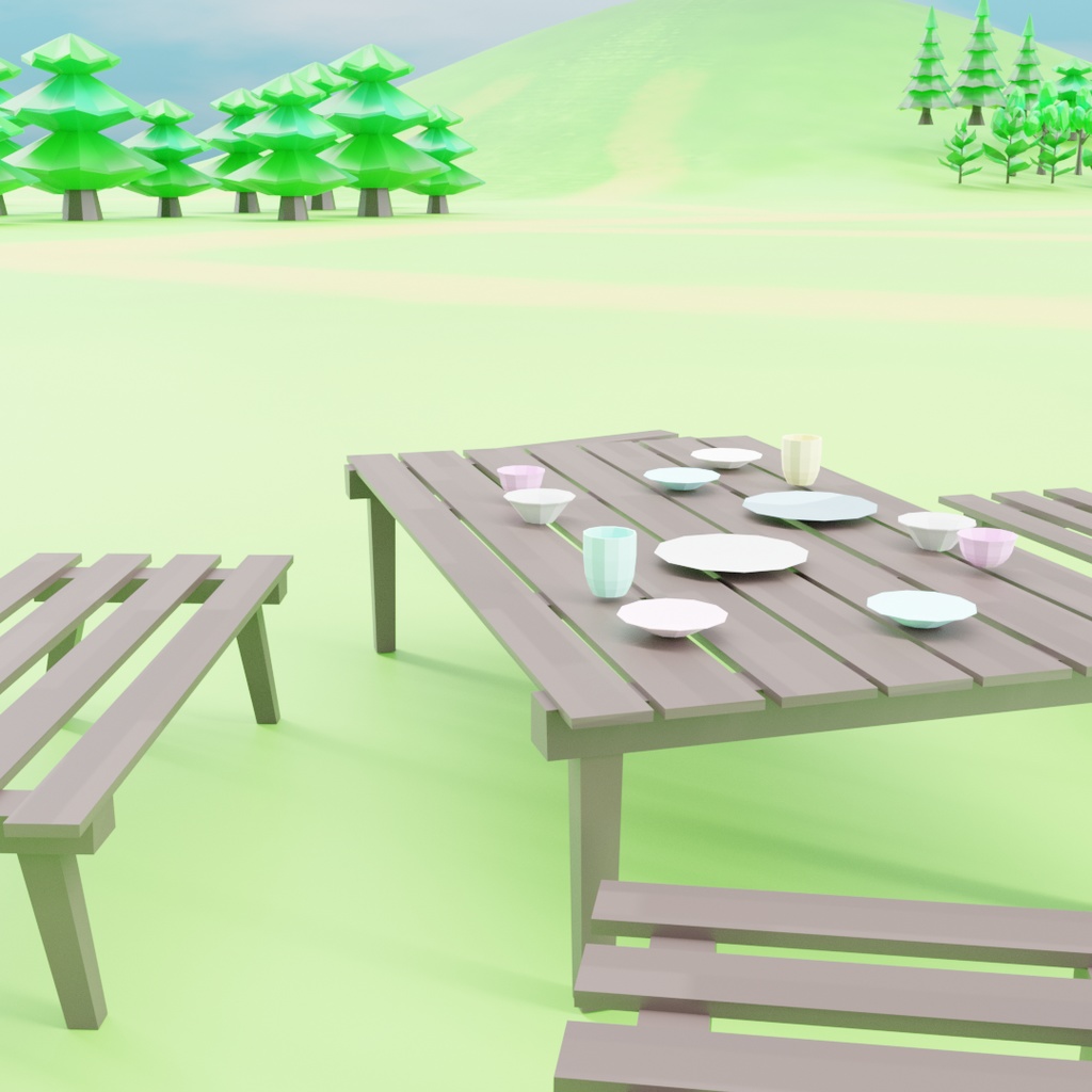 ローポリアウトドアセット .FBX .Unitypackage .blend ベンチ テーブル 食器