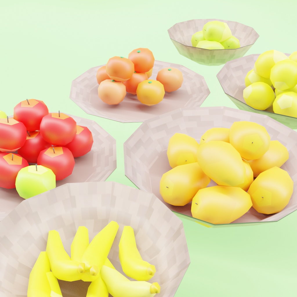 ローポリフルーツセット .FBX .Unitypackage .blend バナナ オレンジ りんご マンゴー パパイヤ レモン