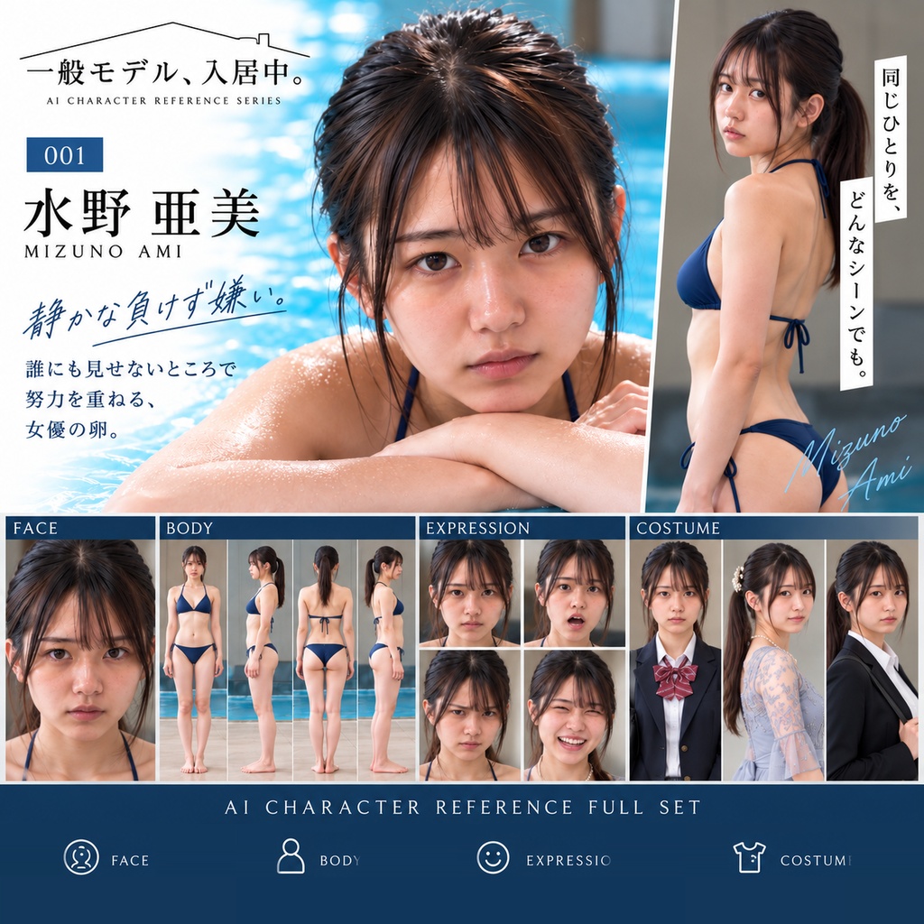 【商用利用OK】水野亜美｜AIキャラクターリファレンス・フルセット【一般モデル、入居中。001】