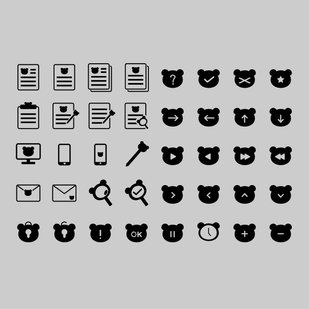 くまモチーフのシンプル黒/白アイコンセット(PNG/40個)