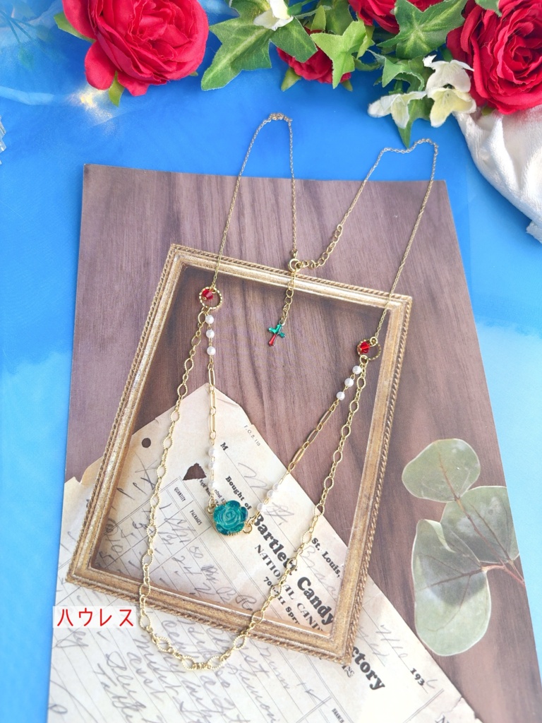 🕯️❤️🩹⚔️✝️🦋🥀🌟💮☔️ミニ薔薇2連ネックレス