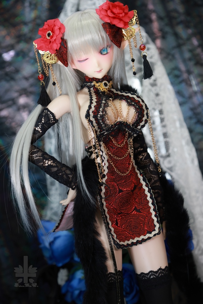 チャイナドレス《紅薔薇》(絹織物)★★ONE OFF★★(送料無料)