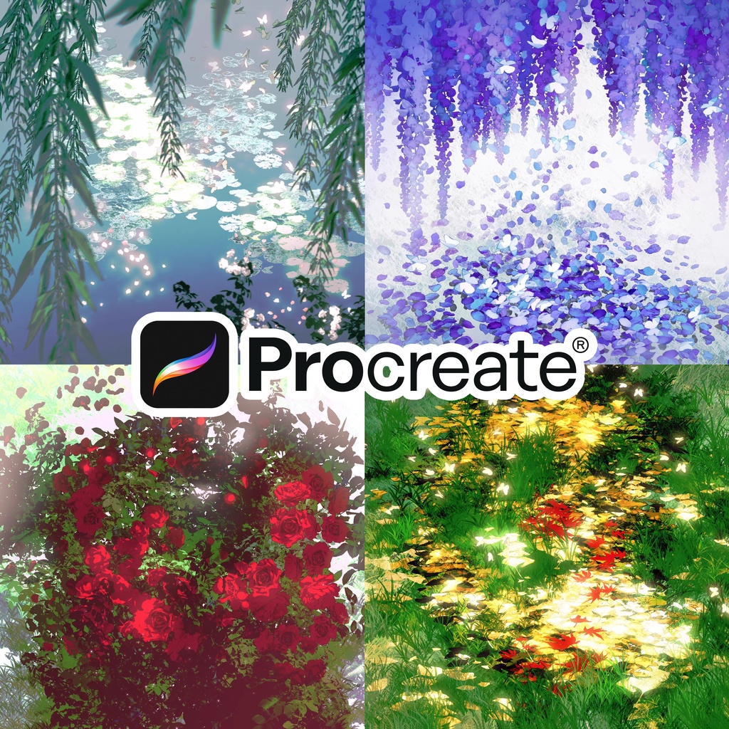 Procreate自然の装飾「プロブラシ」葉、藤、花、草、蝶 合計40本