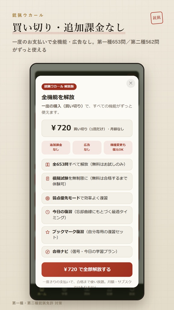 銃猟ウカール Web版 解放コード|狩猟免許 第一種・第二種銃猟 試験対策 全機能解放(iPhone・PC対応)