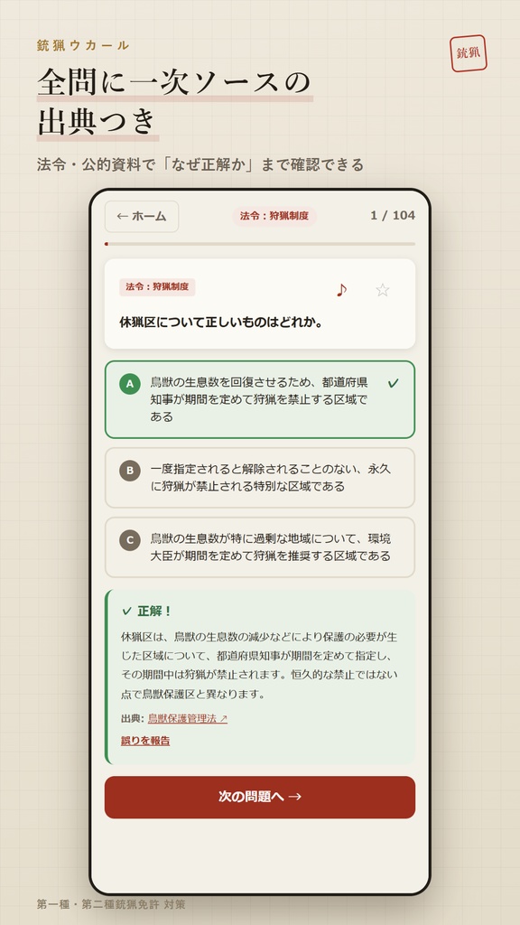 銃猟ウカール Web版 解放コード|狩猟免許 第一種・第二種銃猟 試験対策 全機能解放(iPhone・PC対応)