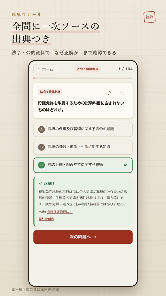 銃猟ウカール Web版 解放コード|狩猟免許 第一種・第二種銃猟 試験対策 全機能解放(iPhone・PC対応)