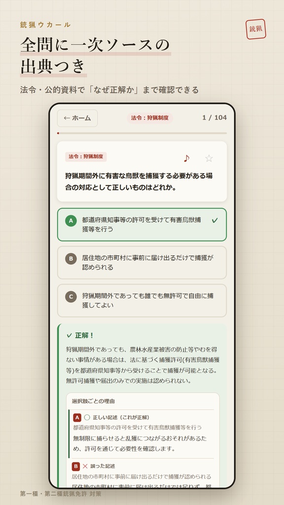 銃猟ウカール Web版 解放コード|狩猟免許 第一種・第二種銃猟 試験対策 全機能解放(iPhone・PC対応)