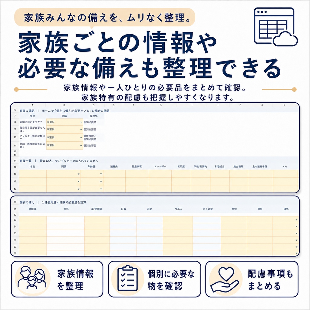 家族12人まで対応|防災備蓄・持出・個別必要品・避難をまとめて管理