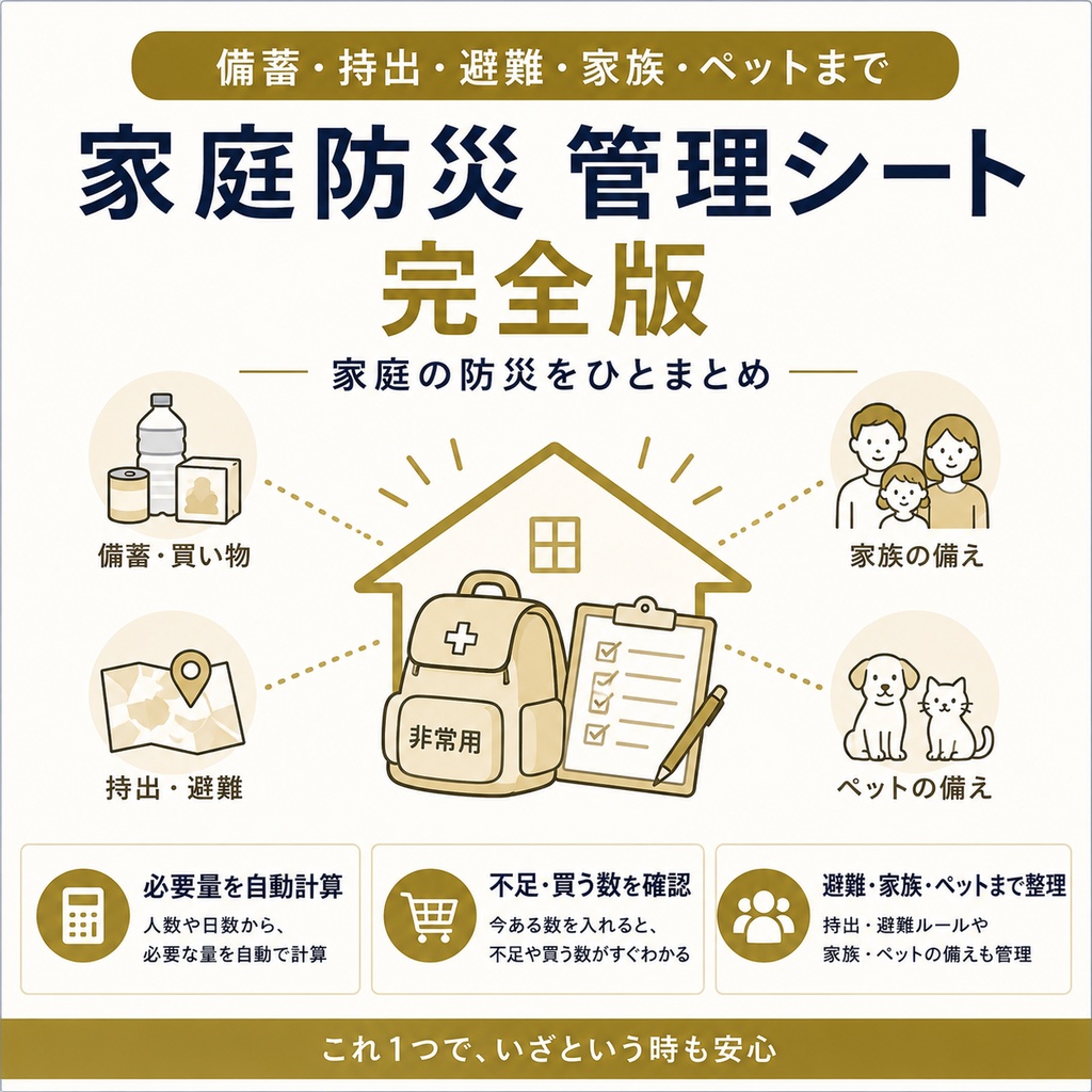 家族+ペットを1つで管理|家庭防災完全版|備蓄・持出・避難までまとめて整理