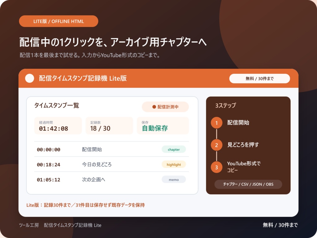 〖無料Lite版 / オフラインHTML / OBS対応〗配信タイムスタンプ記録機 Lite版