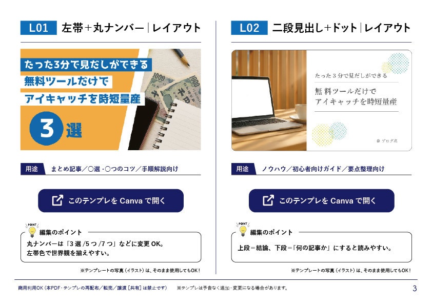 【無料版Canva対応】ブログ用アイキャッチ 15種テンプレ|即戦力キット Vol.1(16:9/1200×675)
