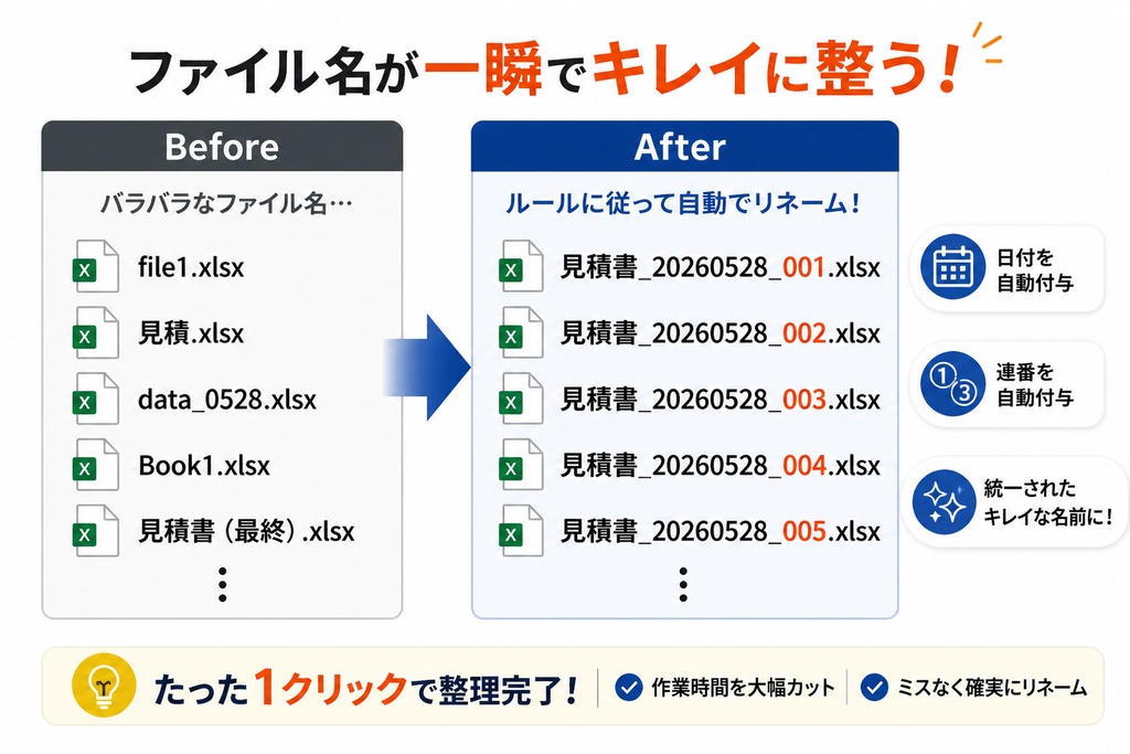 ファイル名一括リネームツール|連番・日付対応|簡単操作|Excel VBA
