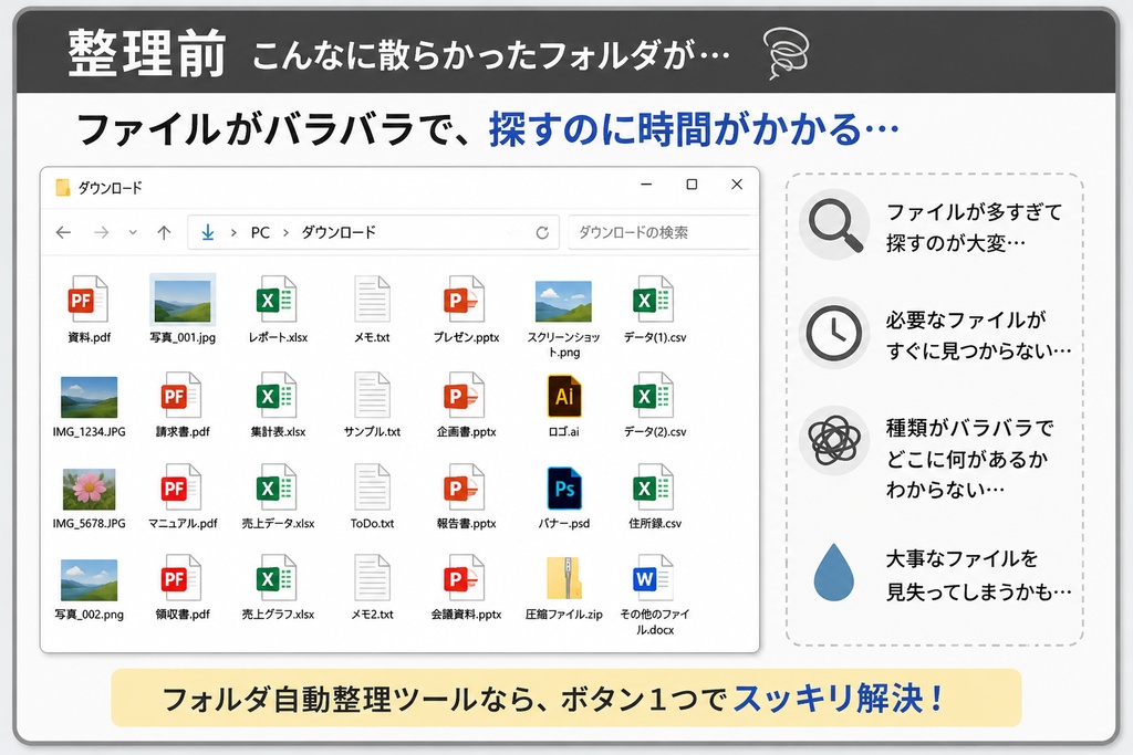フォルダ自動整理ツール|ボタン1つでファイル整理(Excel VBA)