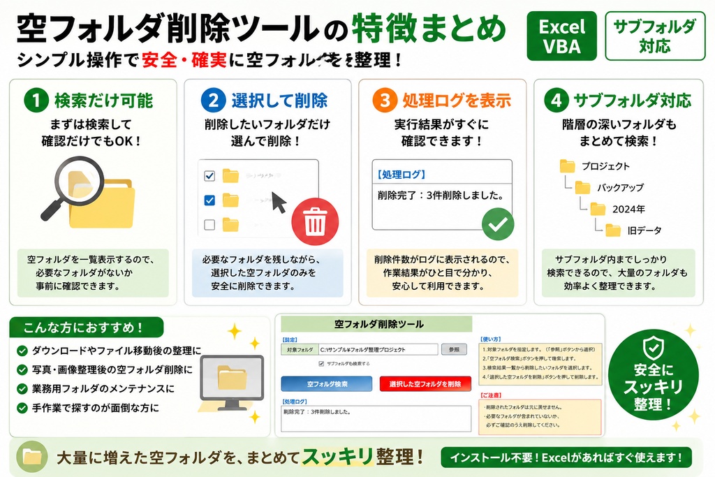 【Excel VBA】空フォルダ一括検索&削除ツール|サブフォルダ対応