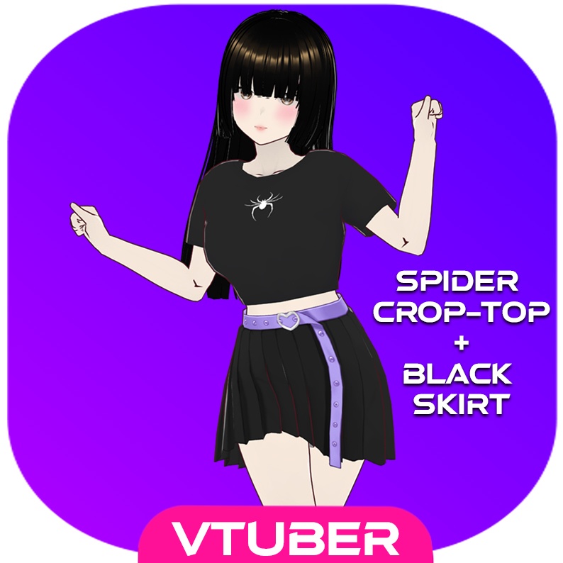 【VRoid衣装】 クロップトップとダークスタイルのミニスカート  スパイダープリントSpider Crop-Top Bad girl + Black Skirt