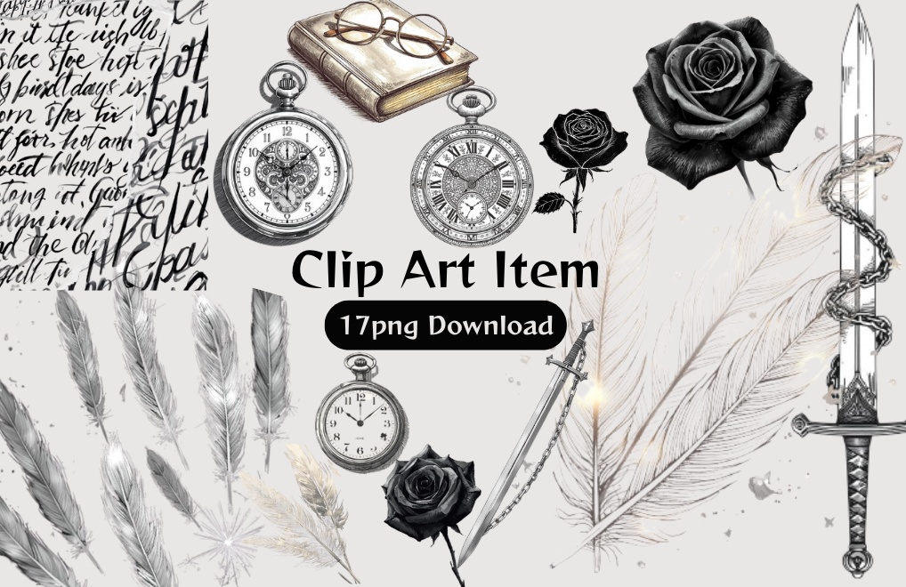 手書き風モノトーンクリップアート17点セット