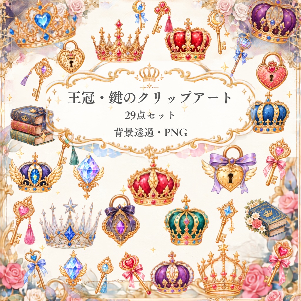 【王冠・鍵イラスト素材】29点セット|背景透過|PNG|クリップアート|アンティークファンタジー|キラキラ|Antique Fantasy Crown & Key Clip Art Set – 30 Items | Transparent PNG | Doujinshi & Creative Works