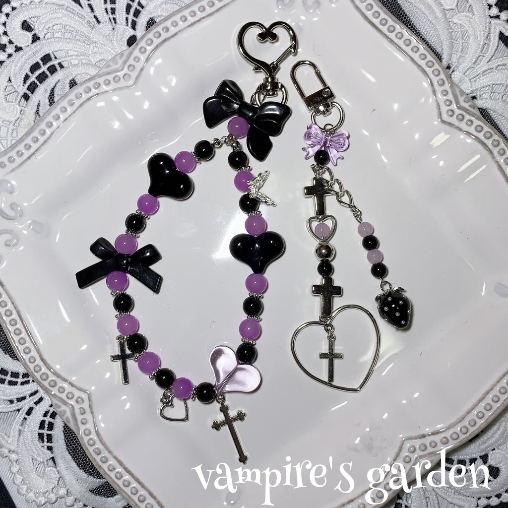 ビーズキーホルダー 紫×黒 十字架 ハート 2個セット